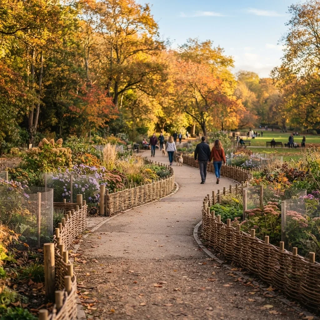 Public park pathway lined with handcrafted woven wicker fencing
