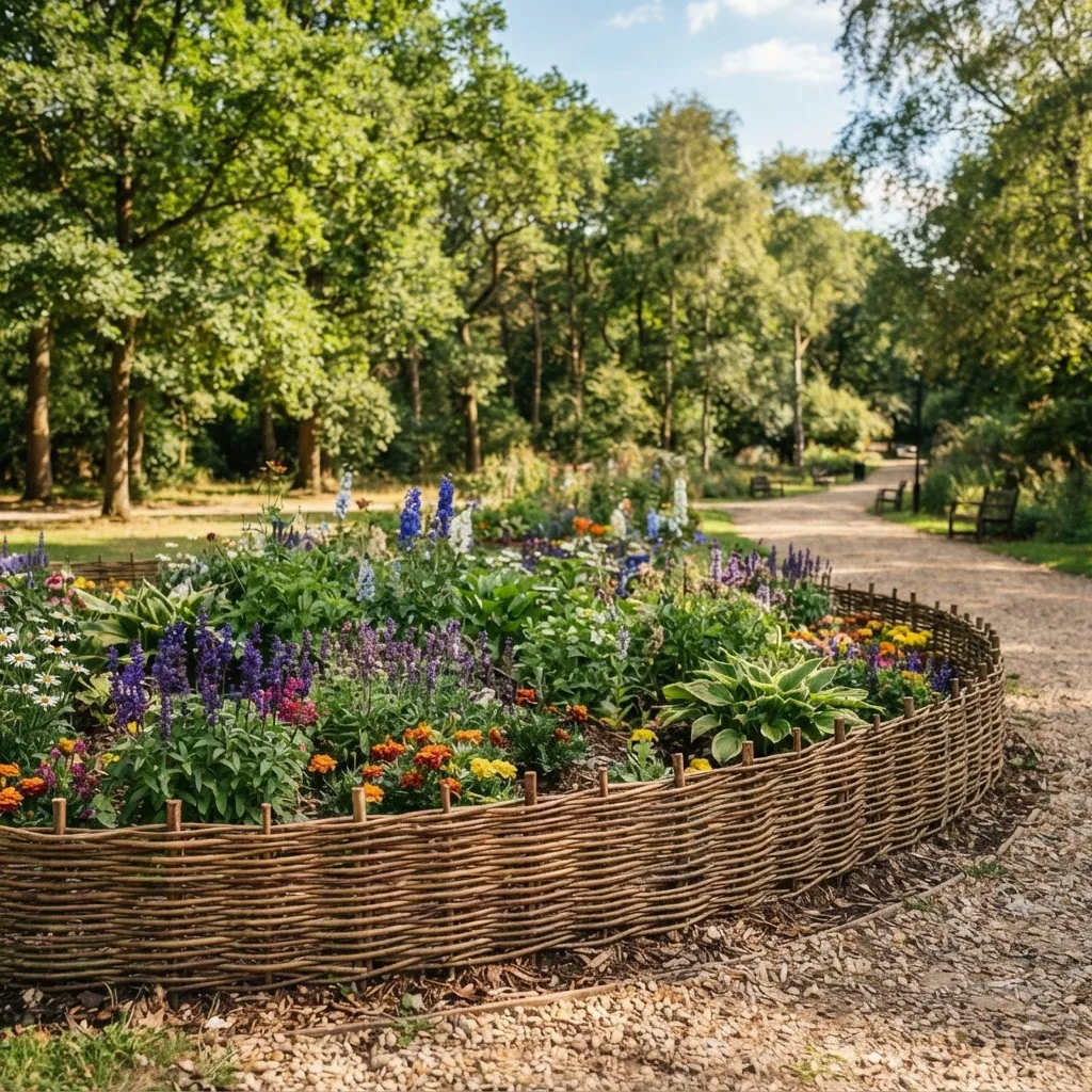 Decorative woven wicker enclosure around a park flowerbed