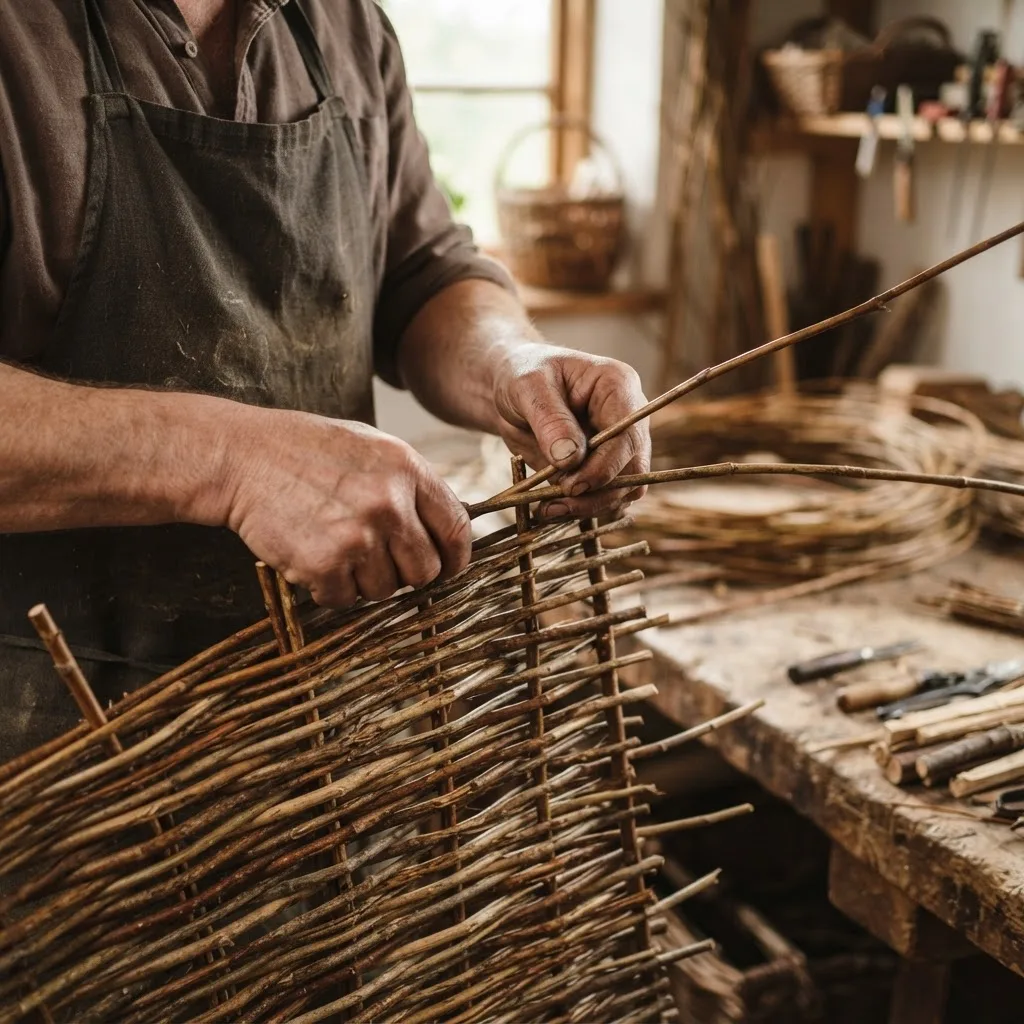 Close-up of hands weaving willow branches into a mesh fence pattern